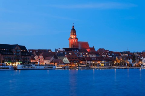 Town view of Lake Mueritz with St Mary's Church, Blue Hour, Waren, Mueritz, Mecklenburg Lake