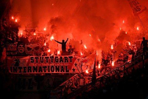 Bengalos, pyrotechnics, pyro, fireworks, fan block VfB Stuttgart, banner VfB Stuttgart