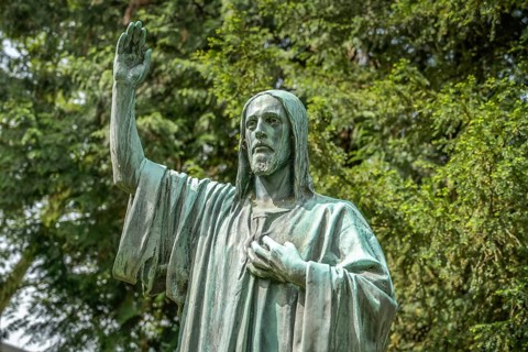Grave of Wilhelm farmer, figure of Jesus Christ, forest brook Cemetery, Offenburg,