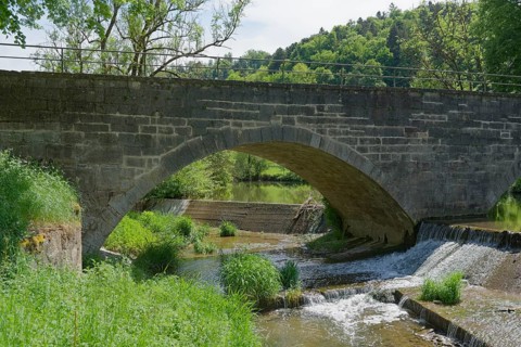 Stone bridge in Buehlertal, Buehler, river, bridge, Unterscheffach, Schwaebisch Hall, Hohenlohe,
