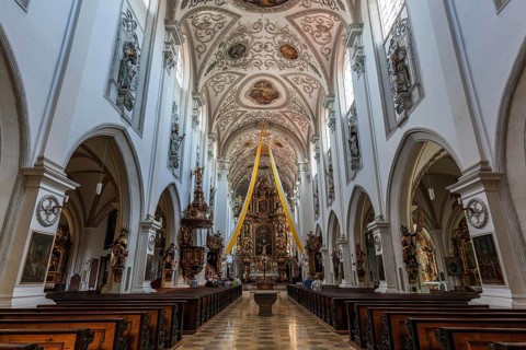 Interior and altar of the parish church of the Assumption of the Virgin Mary, Landsberg am Lech,