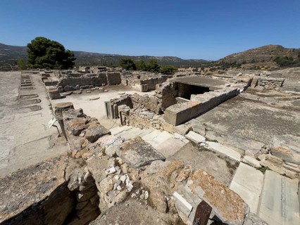 View of foundation walls of in antiquity former storehouse with storerooms workshops building for