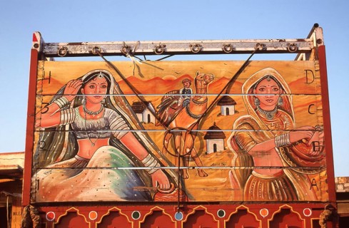 Painting at the rear of a truck, idealized scene in the Thar desert, Rajasthan, India, Asia