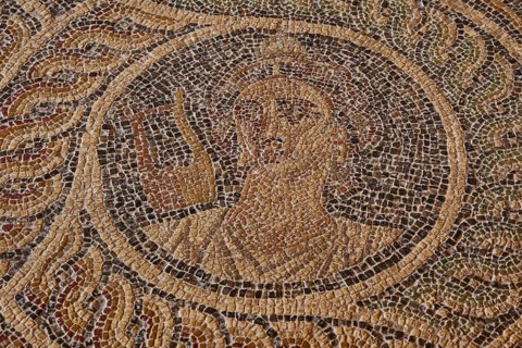 Erato, the muse of love poetry, zither, one of the nine muses, mosaic art with a person showing a