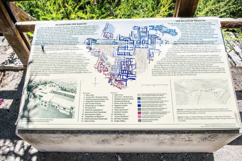Tourist information board to the hill of Phaistos, plan of excavation site of settlement palace