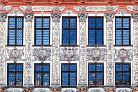 Detail of the historic town hall with a magnificent rococo facade on the main square, Landsberg am