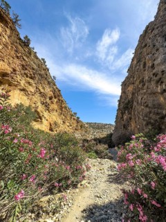 View of gorge with path hiking trail for trekking in Agiofarago gorge of the saints on south coast