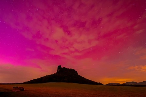 Northern lights over Saxon Switzerland, Ebenheit, Saxony, Germany, Europe