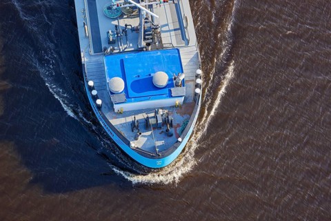Bird's eye view of the bow of the tanker Imke Deymann on the Kiel Canal near Beldorf,