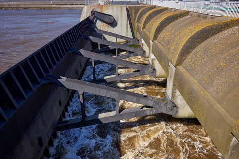 Tor tor to the seaward side of the Eidersperrwerk at Wesselburenerkoog, Dithmarschen district,