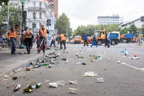 Employees of a cleaning service clean Gneisenaustrasse after the street parade of the 26th Carnival