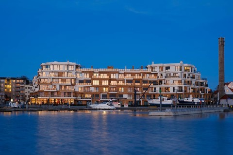 Apartment building on Lake Mueritz, Blue Hour, Waren, Mueritz, Mecklenburg Lake District,