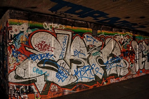 Graffiti wall in a skateboard park on the Thames, London, England, Great Britain