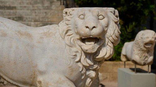 Stone statue of a standing lion, displayed outdoors, showing fine stone carving and details,