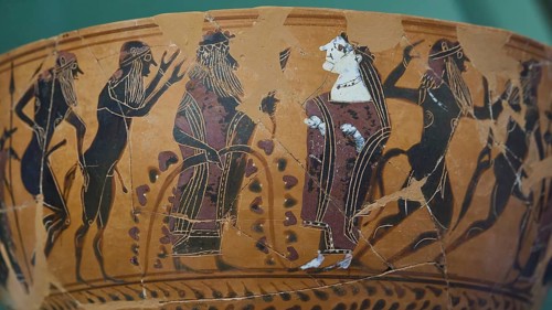 Ariadne ariadne, Dionysus, Satyr, Antique vase with Greek mythological figures in black and red,