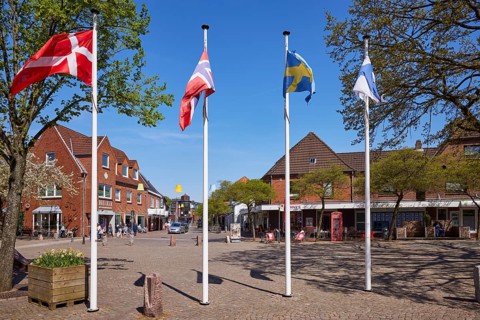 Scandinavian flags on the town hall square in Niebuell, Nordfriesland district, Schleswig-Holstein,