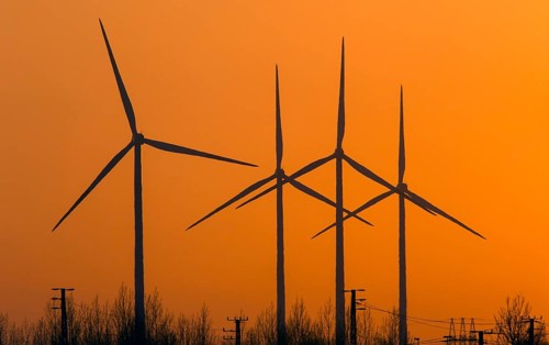 Sunset on 09.12.2014 at a wind farm in Jaenschwalde, Jaenschwalde, Brandenburg, Germany, Europe