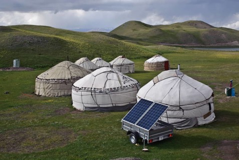 Yurt camp for tourists supplied with solar generated electricity, near lake Tolpur, Alay valley,