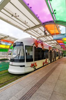 Guangzhou Haizhu Tram modern public transport at the Liede Bridge South stop in Guangzhou, China,