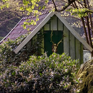 Small garden house with deer antlers in Unterburg, Solingen, Bergisches Land, North