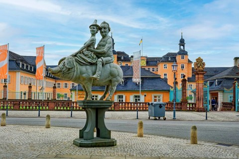 Lucky pig by Peter Lenk in front of Schwetzingen Castle on the castle square, Schwetzingen,