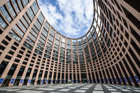 Courtyard, European Parliament, 1 All. du Printemps, Strasbourg, Departement Bas-Rhin, France,