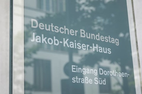 Inscription of the Jakob Kaiser House of the German Bundestag in Berlin, where a search is