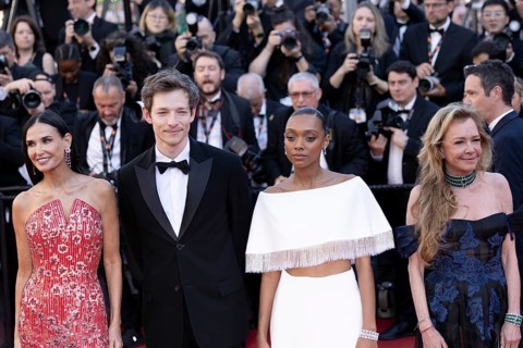 Cannes, France, 17.5.2024: Demi Moore, Mike Faist, Sophie Wilde and Caroline Scheufele at the