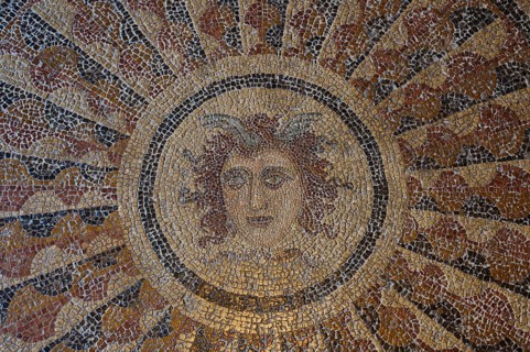 Fine gold-coloured mosaic of a sun face from antiquity, head of Medusa, interior view, Grand