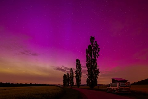 Northern lights over Saxon Switzerland, Ebenheit, Saxony, Germany, Europe