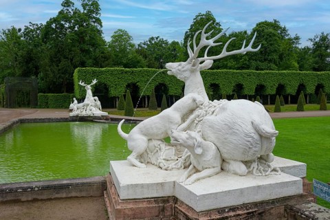 Group of figures of a stag and dogs by Flemish sculptor Peter Anton von Verschaffelt, Schwetzingen