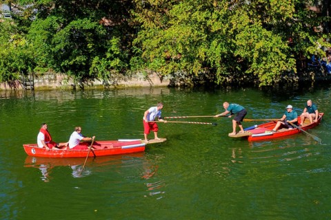 Fishing on the Pegnitz, city festival, Insel Schuett, Nuremberg, Middle Franconia, Franconia,