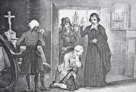Book illustration representing the king of France Louis XVI. The king is listening the mass and