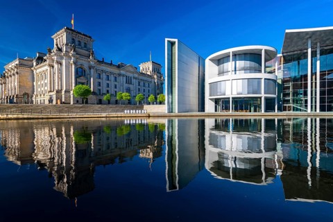 Reichstag, Paul Loebe House reflected in the Spree, Berlin, Germany, Europe