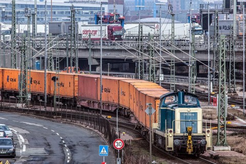 A locomotive pushes wagons with containers to Burchardkai in the Port of Hamburg, Hamburg,