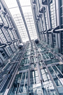 View upwards on a glass facade of a modern office building, Berlin, IHK, Germany, Europe