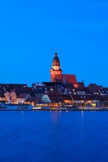 Town view of Lake Mueritz with St Mary's Church, Blue Hour, Waren, Mueritz, Mecklenburg Lake