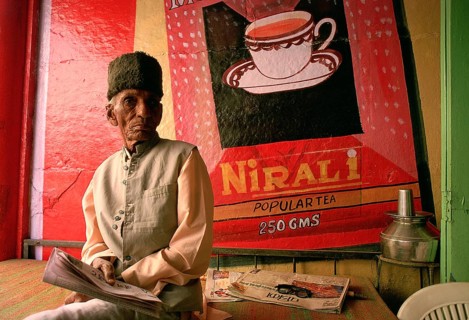 Merchant in his tea shop, advertisement for a tea brand, Udaipur, India, Asia