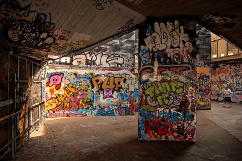 Graffiti walls in a skateboard park on the Thames, London, England, Great Britain