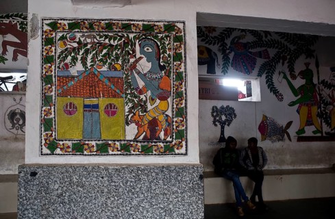 Madhubani style mural paintings in a railway station, traditional art form, Bihar, India, Asia