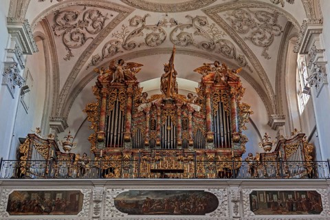 Church organ of the parish church Mariae Himmelfahrt, Landsberg am Lech, Upper Bavaria, Bavaria,