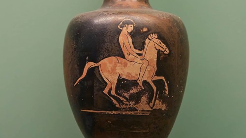 Greek antique vase depicting a rider on a horse, interiors, Archaeological Museum, Old Town, Rhodes