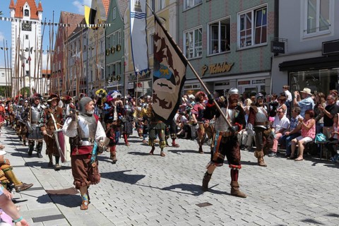 Tradition. Frundsberg Festival in Mindelheim in the Unterallgaeu. Parade through the town, Allgaeu,