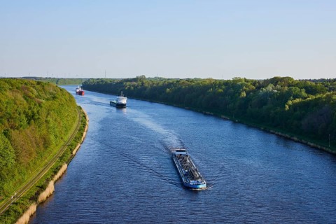 Shipping traffic on the Kiel Canal near Beldorf, Rendsburg-Eckernfoerde district,