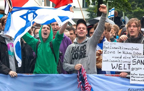 Pro-Israel demonstrators protest for an anti-Semitism free zone in the Middle East, opposite the Al