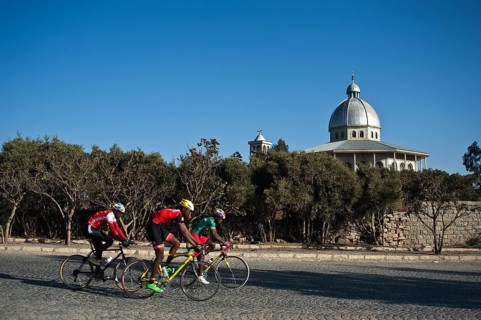 Training session for cyclists, orthodox church in Tigray state, Ethiopia, Africa
