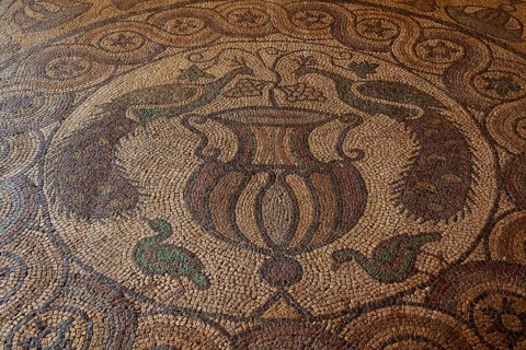 Antique floor mosaic with ornamental geometric patterns, interior view, Grand Master's Palace,
