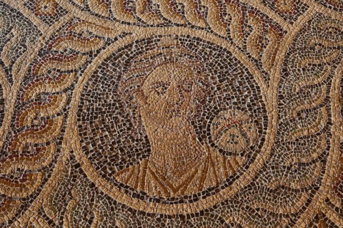 Urania, the muse of astronomy, starry globe, one of the nine muses, mosaic portrait from antiquity