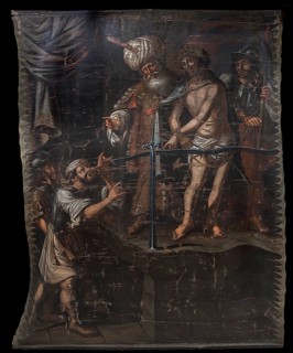 Lenten cloth in Rottweiler Muenster, Rottweil, Baden-Wuerttemberg, Germany, Europe