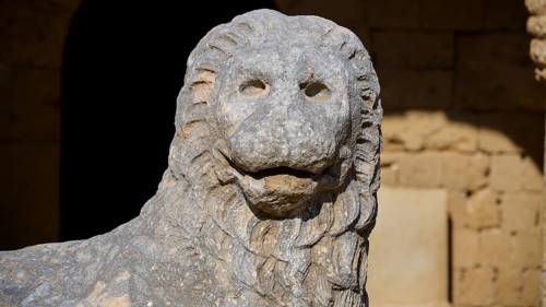 Close-up of a stone lion statue with detailed facial expression, outdoor area, Archaeological